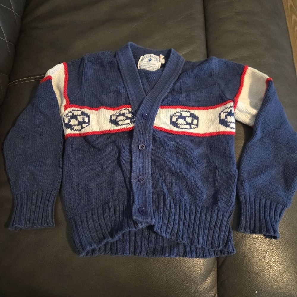 Vintage Kitestrings Soccer Sweater Kids 5 6 Blue Made In‎ USA Button Up